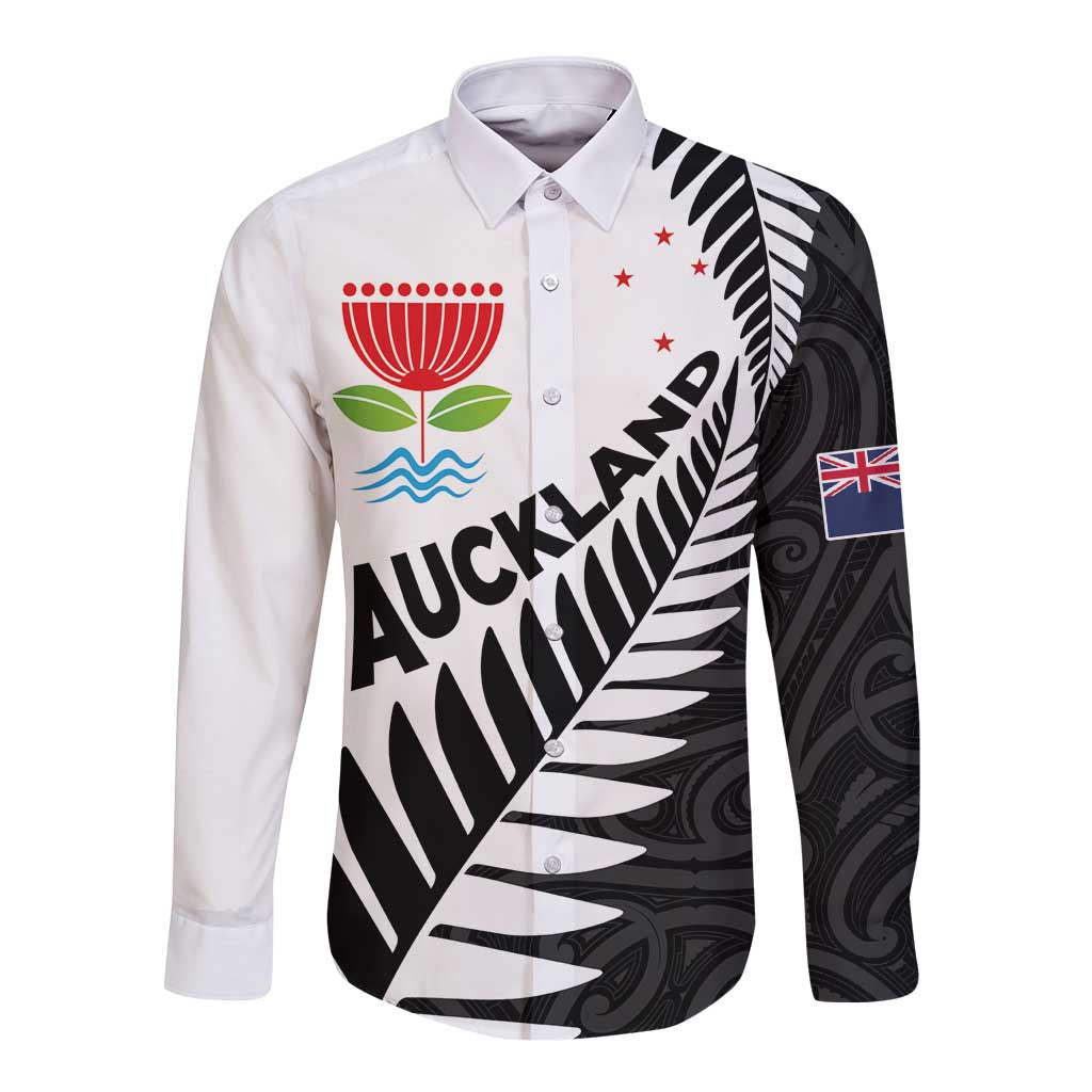 New Zealand Auckland Long Sleeve Button Shirt Auckland's Emblem and Silver Ferns - Maori Art Tattoo - Vibe Hoodie Shop