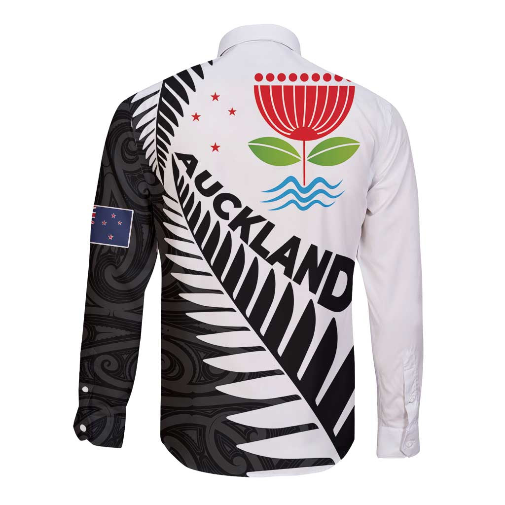 New Zealand Auckland Long Sleeve Button Shirt Auckland's Emblem and Silver Ferns - Maori Art Tattoo - Vibe Hoodie Shop