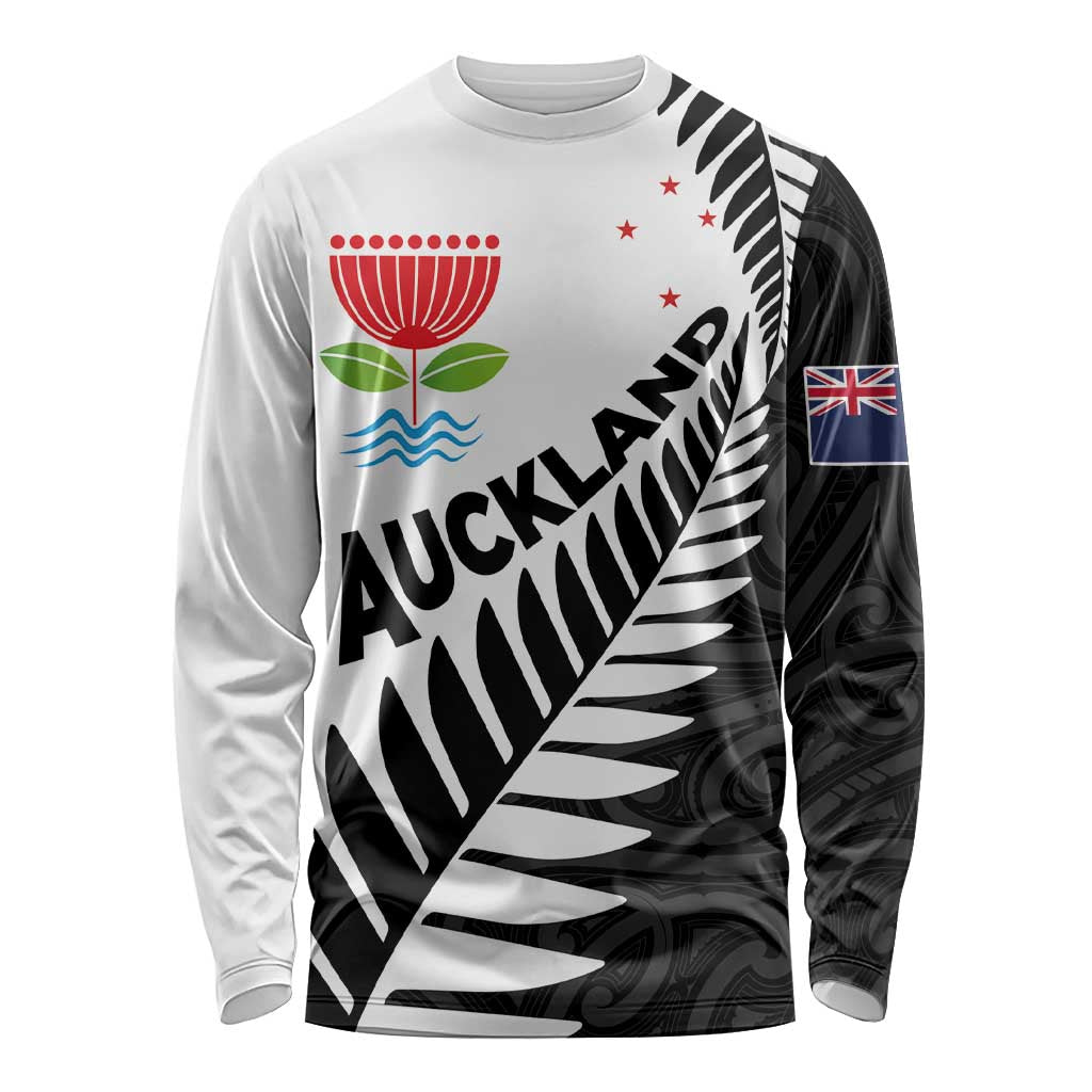 New Zealand Auckland Long Sleeve Shirt Auckland's Emblem and Silver Ferns - Maori Art Tattoo - Vibe Hoodie Shop