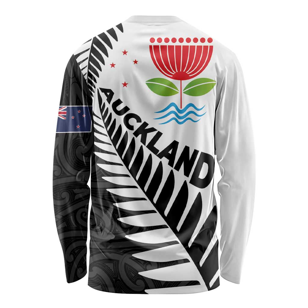 New Zealand Auckland Long Sleeve Shirt Auckland's Emblem and Silver Ferns - Maori Art Tattoo - Vibe Hoodie Shop