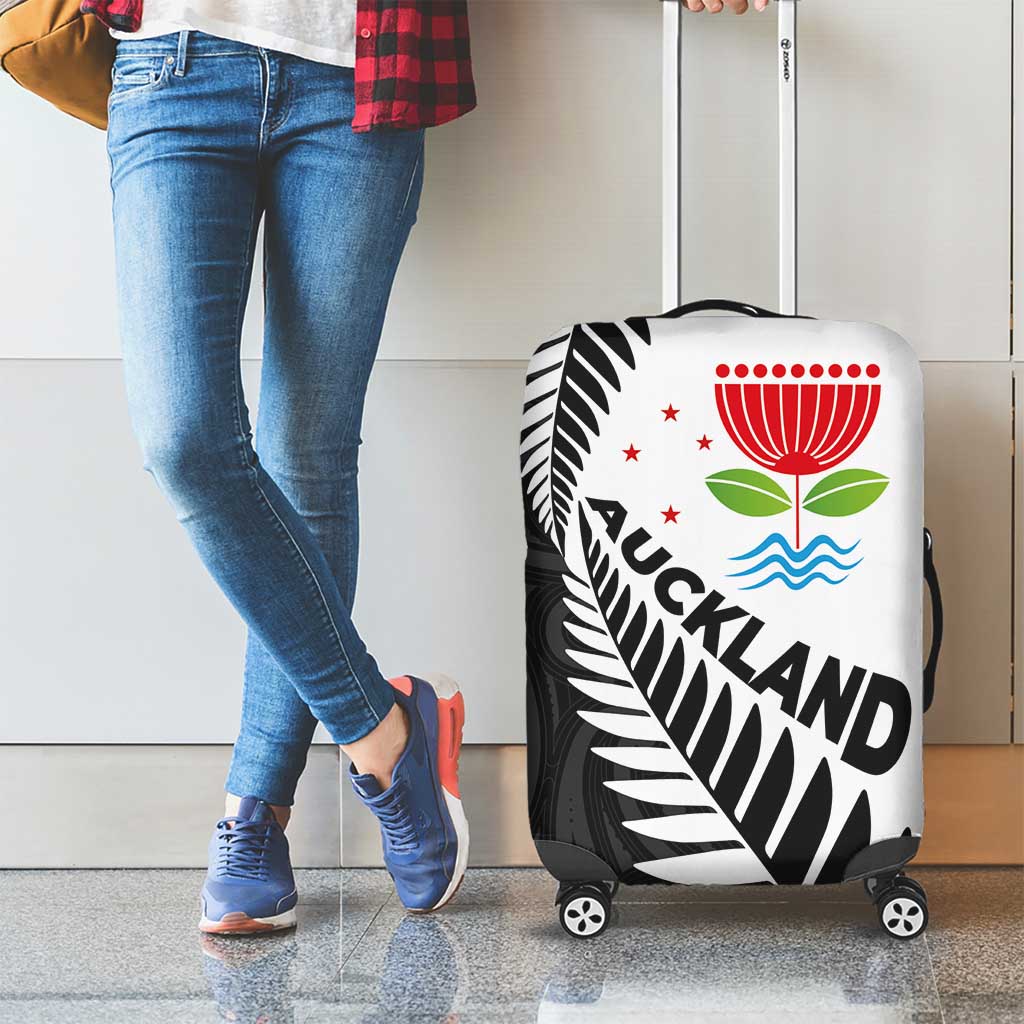 New Zealand Auckland Luggage Cover Auckland's Emblem and Silver Ferns - Maori Art Tattoo - Vibe Hoodie Shop