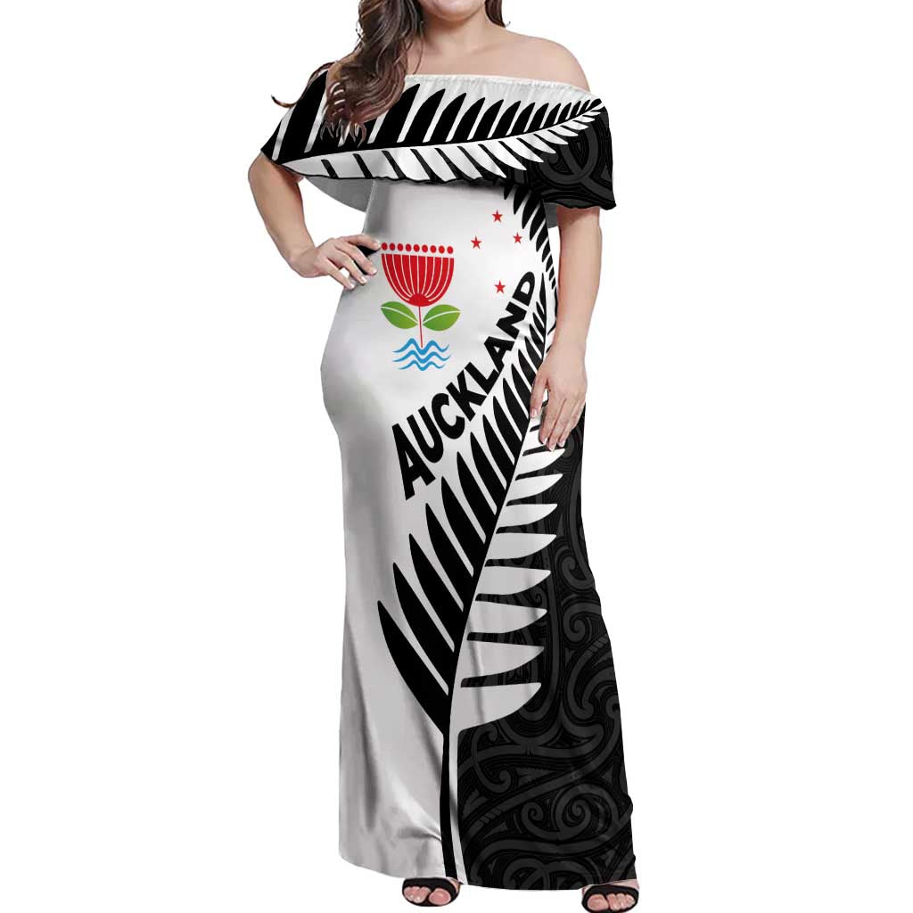 New Zealand Auckland Off Shoulder Maxi Dress Auckland's Emblem and Silver Ferns - Maori Art Tattoo