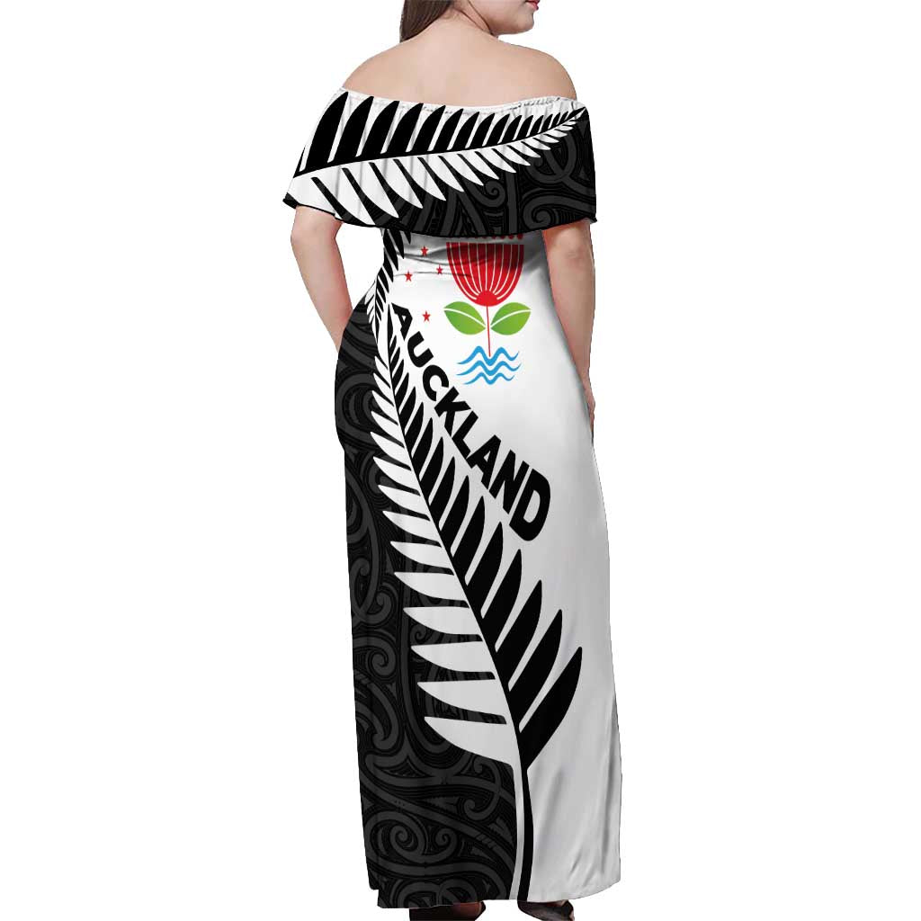 New Zealand Auckland Off Shoulder Maxi Dress Auckland's Emblem and Silver Ferns - Maori Art Tattoo