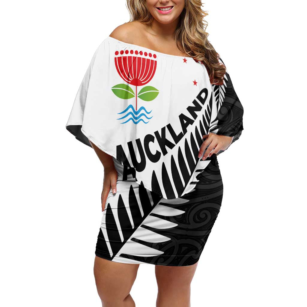 New Zealand Auckland Off Shoulder Short Dress Auckland's Emblem and Silver Ferns - Maori Art Tattoo