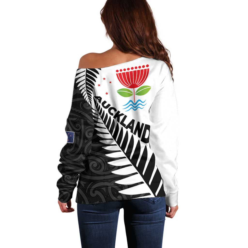 New Zealand Auckland Off Shoulder Sweater Auckland's Emblem and Silver Ferns - Maori Art Tattoo - Vibe Hoodie Shop