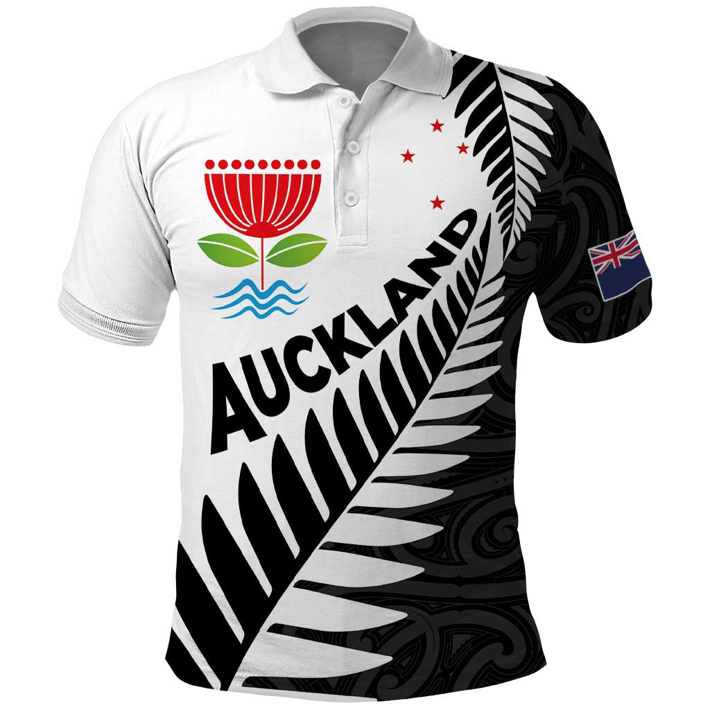 New Zealand Auckland Polo Shirt Auckland's Emblem and Silver Ferns - Maori Art Tattoo - Vibe Hoodie Shop