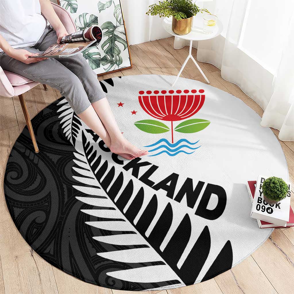 New Zealand Auckland Round Carpet Auckland's Emblem and Silver Ferns - Maori Art Tattoo