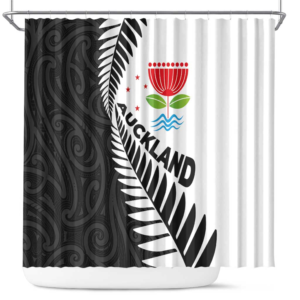 New Zealand Auckland Shower Curtain Auckland's Emblem and Silver Ferns - Maori Art Tattoo