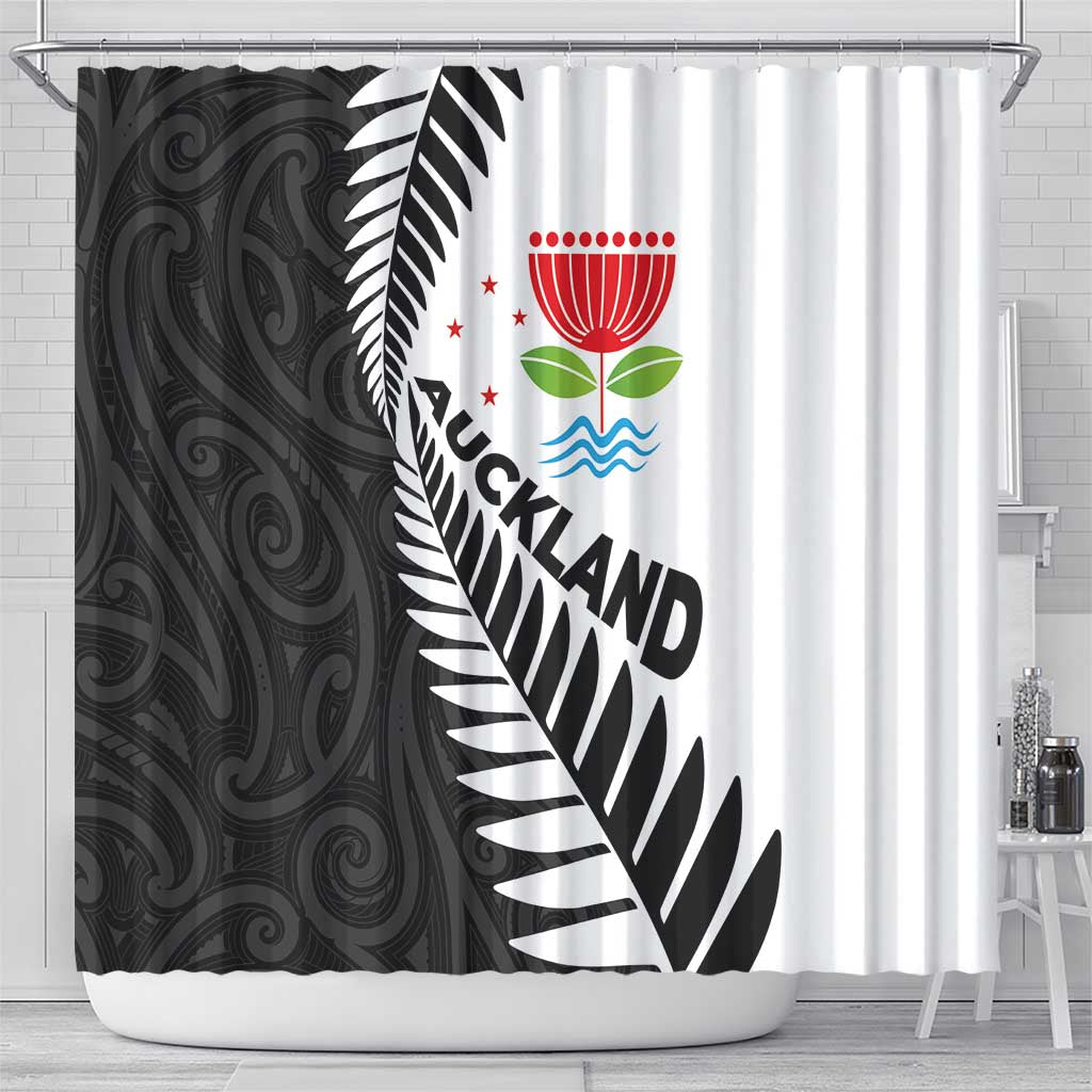 New Zealand Auckland Shower Curtain Auckland's Emblem and Silver Ferns - Maori Art Tattoo