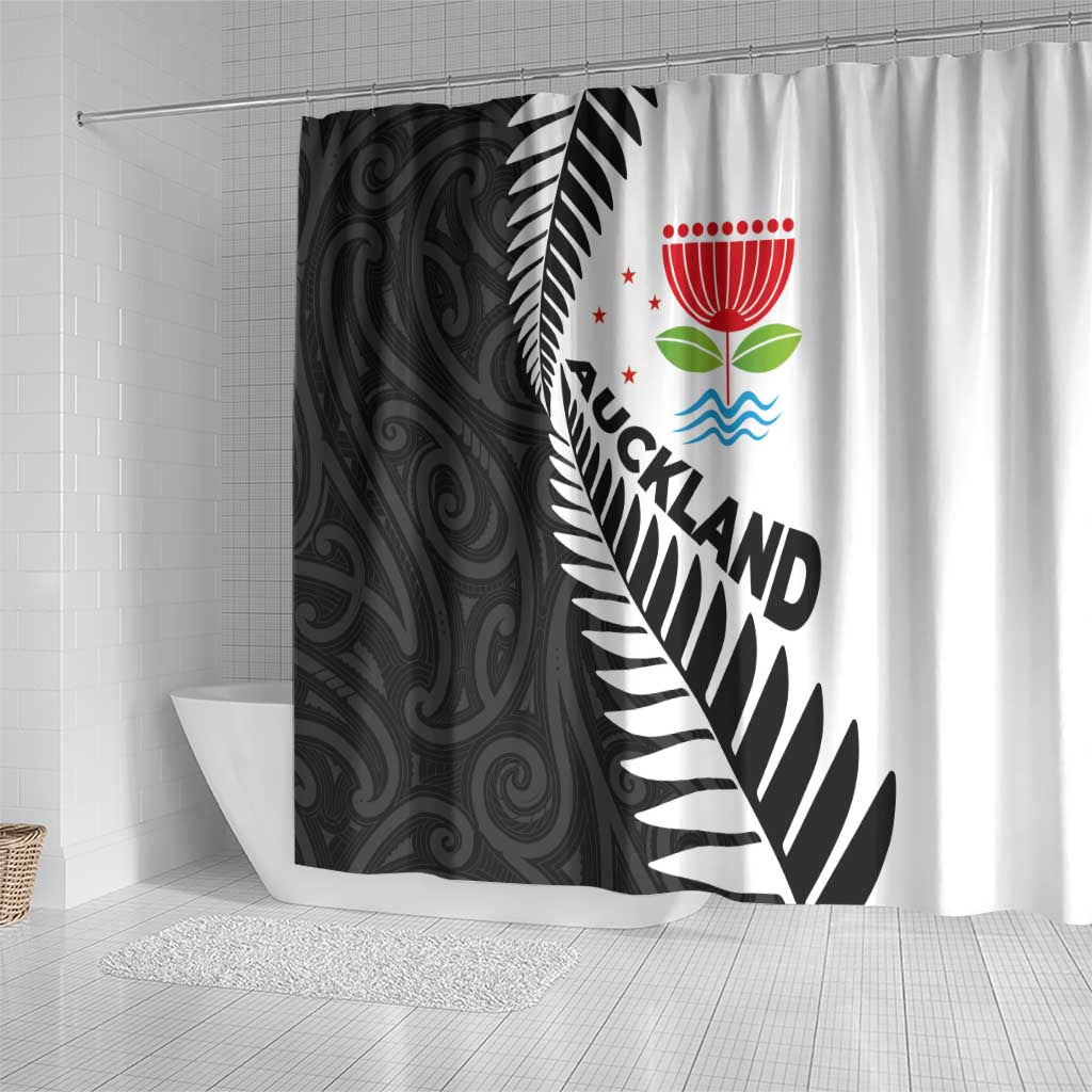 New Zealand Auckland Shower Curtain Auckland's Emblem and Silver Ferns - Maori Art Tattoo