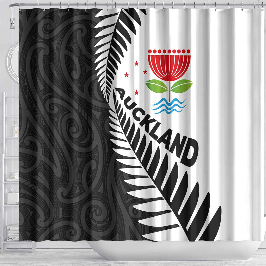 New Zealand Auckland Shower Curtain Auckland's Emblem and Silver Ferns - Maori Art Tattoo