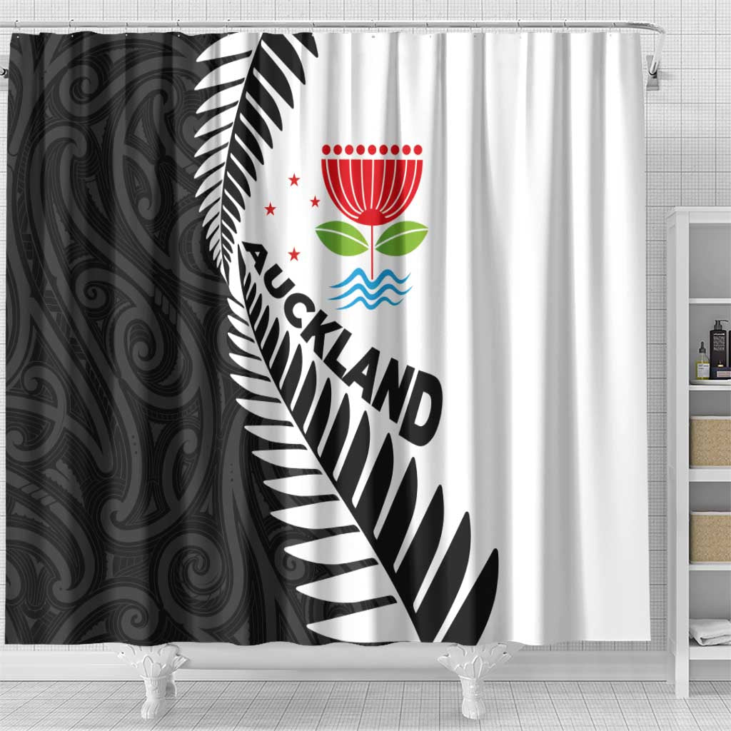 New Zealand Auckland Shower Curtain Auckland's Emblem and Silver Ferns - Maori Art Tattoo