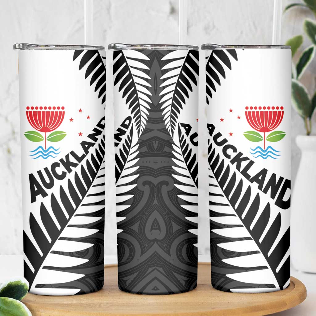 New Zealand Auckland Skinny Tumbler Auckland's Emblem and Silver Ferns - Maori Art Tattoo