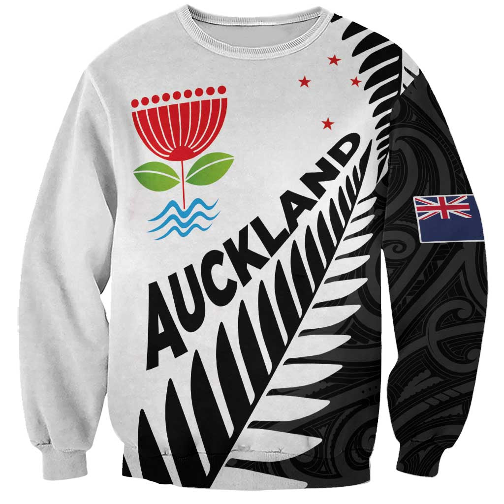 New Zealand Auckland Sweatshirt Auckland's Emblem and Silver Ferns - Maori Art Tattoo - Vibe Hoodie Shop