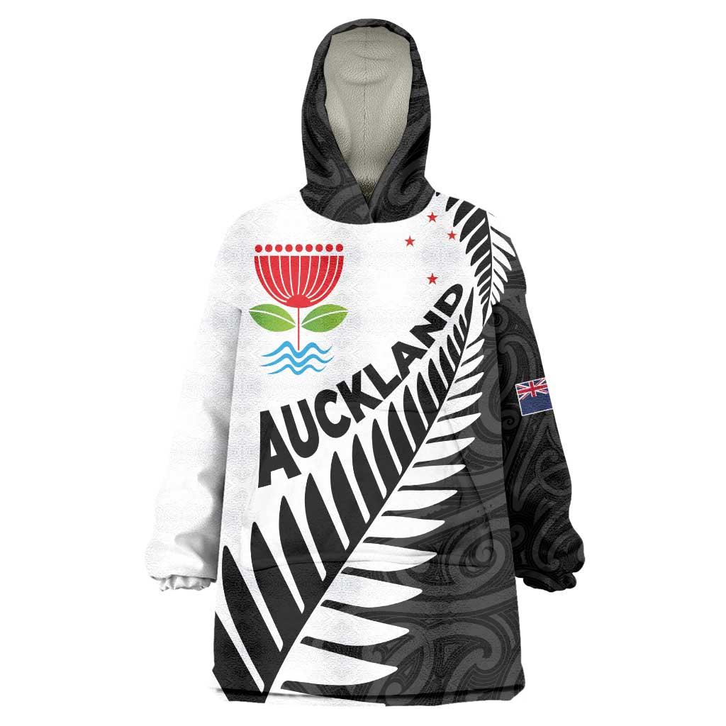 New Zealand Auckland Wearable Blanket Hoodie Auckland's Emblem and Silver Ferns - Maori Art Tattoo - Vibe Hoodie Shop