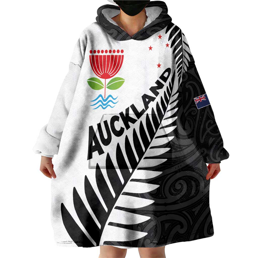 New Zealand Auckland Wearable Blanket Hoodie Auckland's Emblem and Silver Ferns - Maori Art Tattoo - Vibe Hoodie Shop