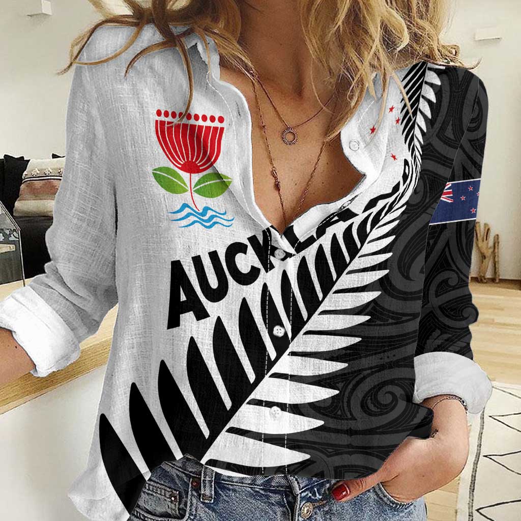 New Zealand Auckland Women Casual Shirt Auckland's Emblem and Silver Ferns - Maori Art Tattoo - Vibe Hoodie Shop