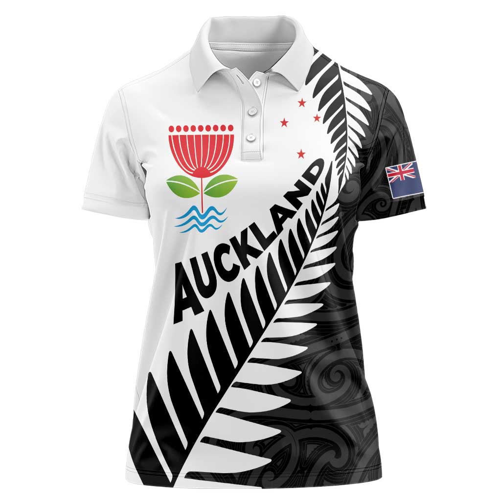 New Zealand Auckland Women Polo Shirt Auckland's Emblem and Silver Ferns - Maori Art Tattoo - Vibe Hoodie Shop