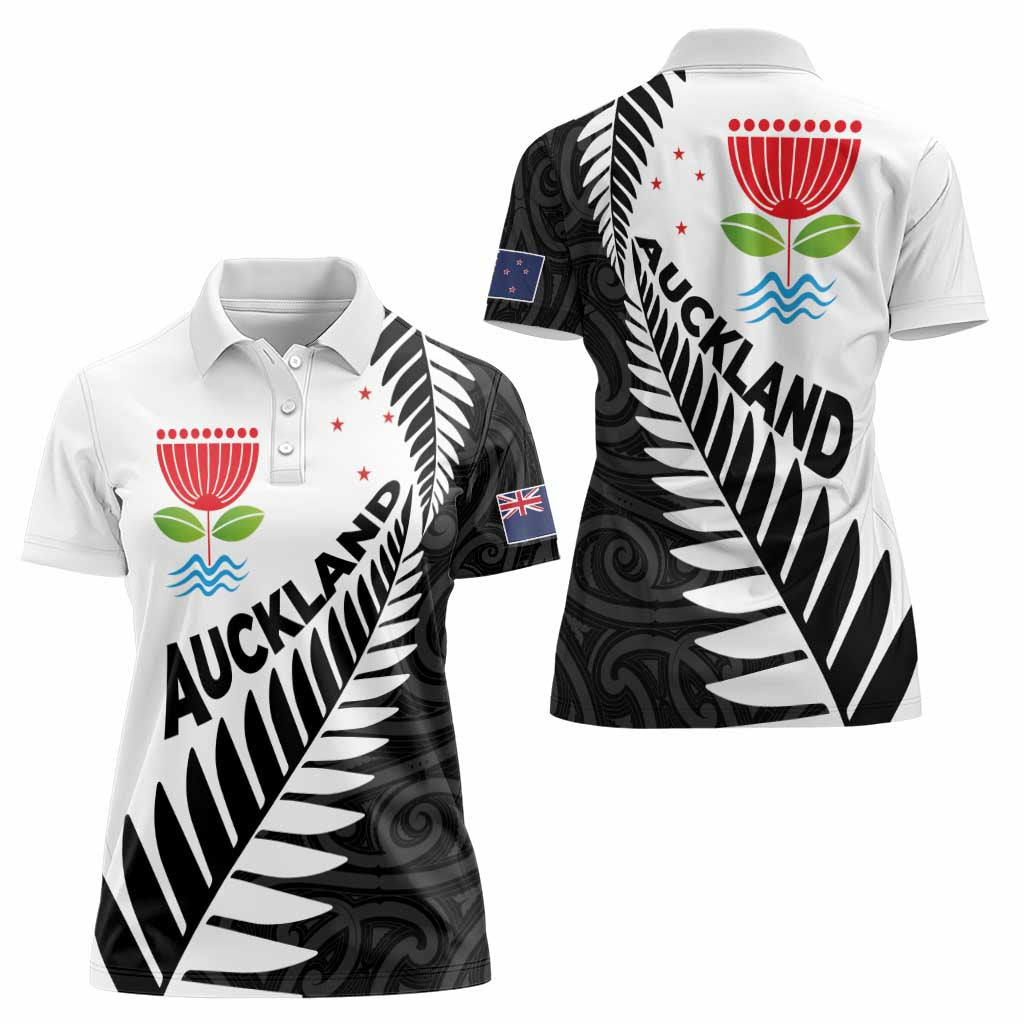 New Zealand Auckland Women Polo Shirt Auckland's Emblem and Silver Ferns - Maori Art Tattoo - Vibe Hoodie Shop