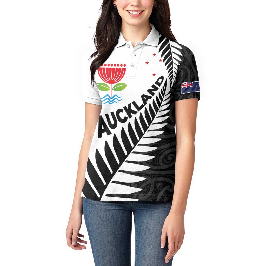 New Zealand Auckland Women Polo Shirt Auckland's Emblem and Silver Ferns - Maori Art Tattoo - Vibe Hoodie Shop