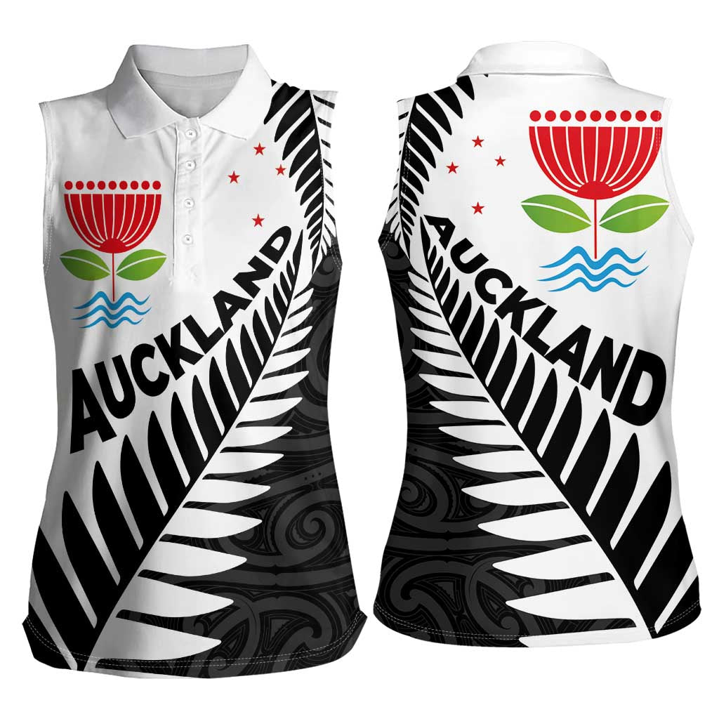 New Zealand Auckland Women Sleeveless Polo Shirt Auckland's Emblem and Silver Ferns - Maori Art Tattoo