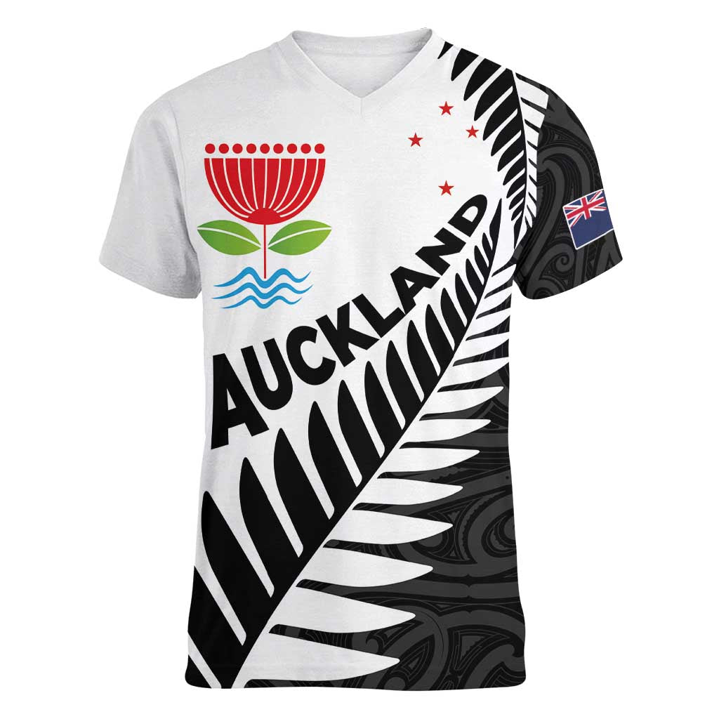 New Zealand Auckland Women V-Neck T-Shirt Auckland's Emblem and Silver Ferns - Maori Art Tattoo - Vibe Hoodie Shop