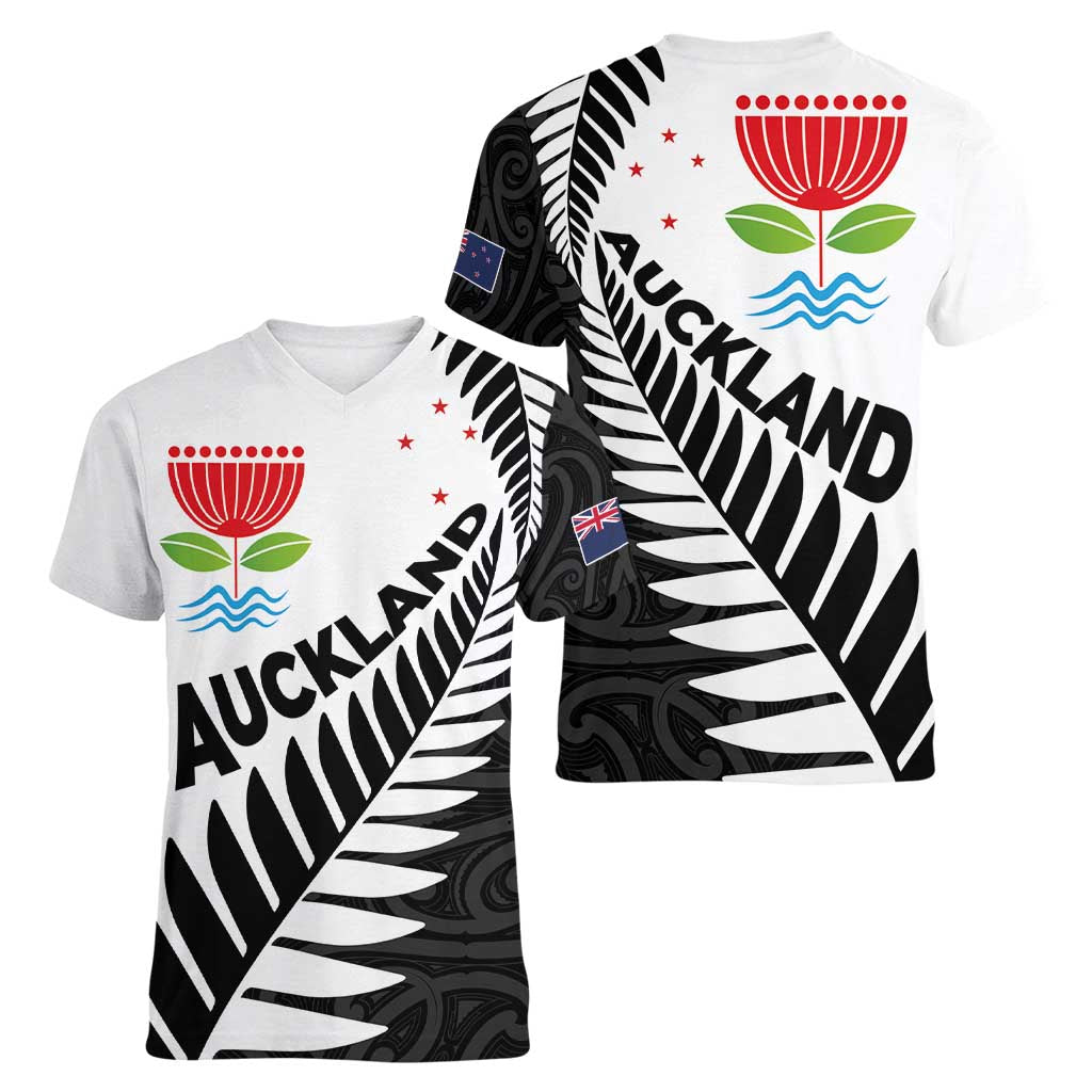 New Zealand Auckland Women V-Neck T-Shirt Auckland's Emblem and Silver Ferns - Maori Art Tattoo - Vibe Hoodie Shop