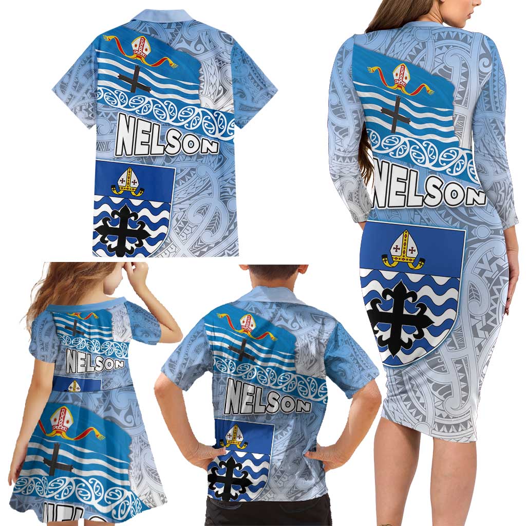 New Zealand Nelson Family Matching Long Sleeve Bodycon Dress and Hawaiian Shirt Nelson's Flag and Seal - Maori Art Tattoo