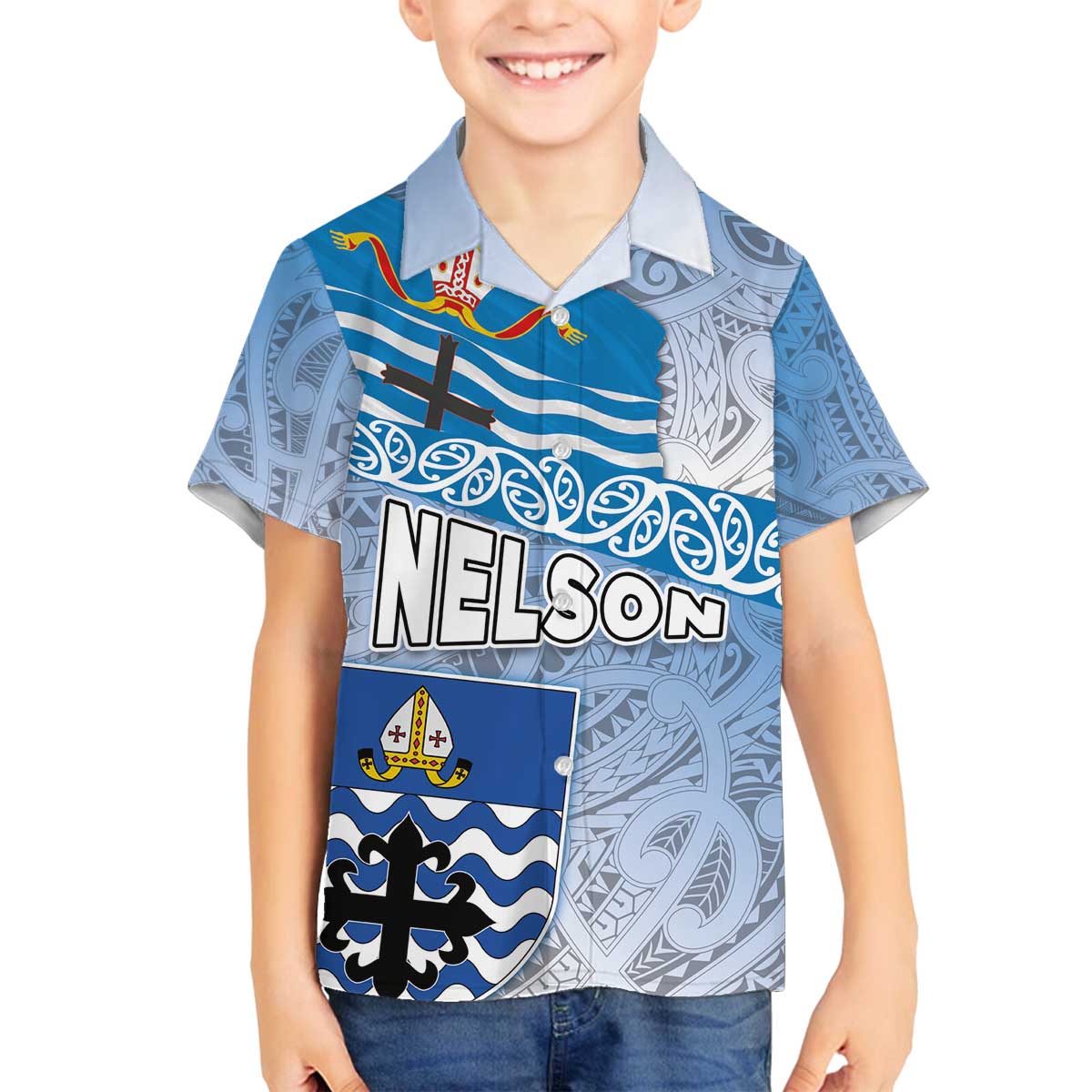 New Zealand Nelson Family Matching Off The Shoulder Long Sleeve Dress and Hawaiian Shirt Nelson's Flag and Seal - Maori Art Tattoo