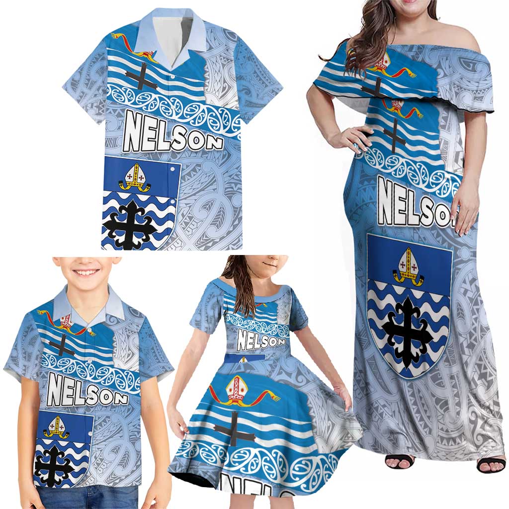 New Zealand Nelson Family Matching Off Shoulder Maxi Dress and Hawaiian Shirt Nelson's Flag and Seal - Maori Art Tattoo