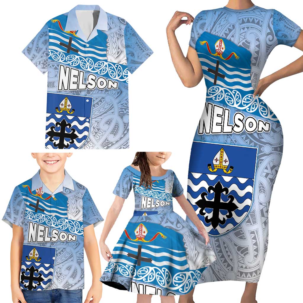 New Zealand Nelson Family Matching Short Sleeve Bodycon Dress and Hawaiian Shirt Nelson's Flag and Seal - Maori Art Tattoo