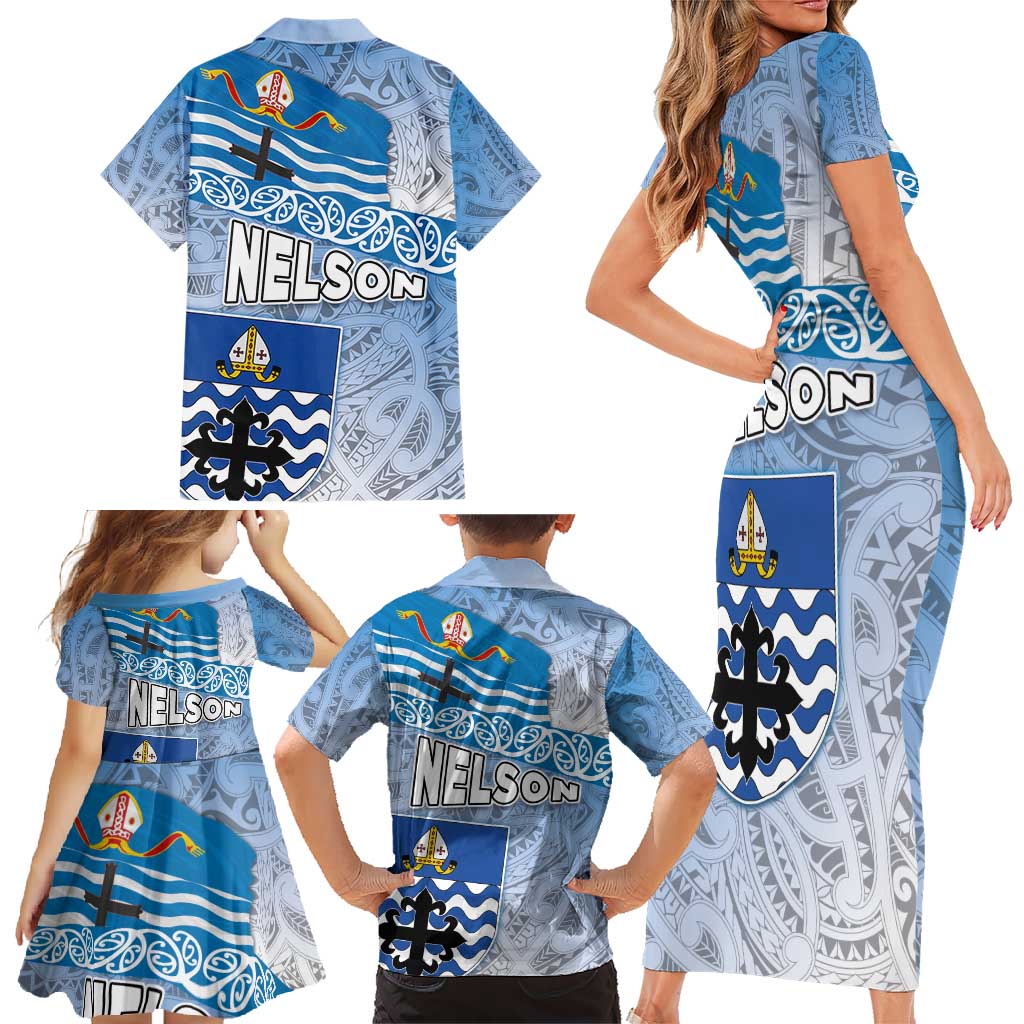 New Zealand Nelson Family Matching Short Sleeve Bodycon Dress and Hawaiian Shirt Nelson's Flag and Seal - Maori Art Tattoo