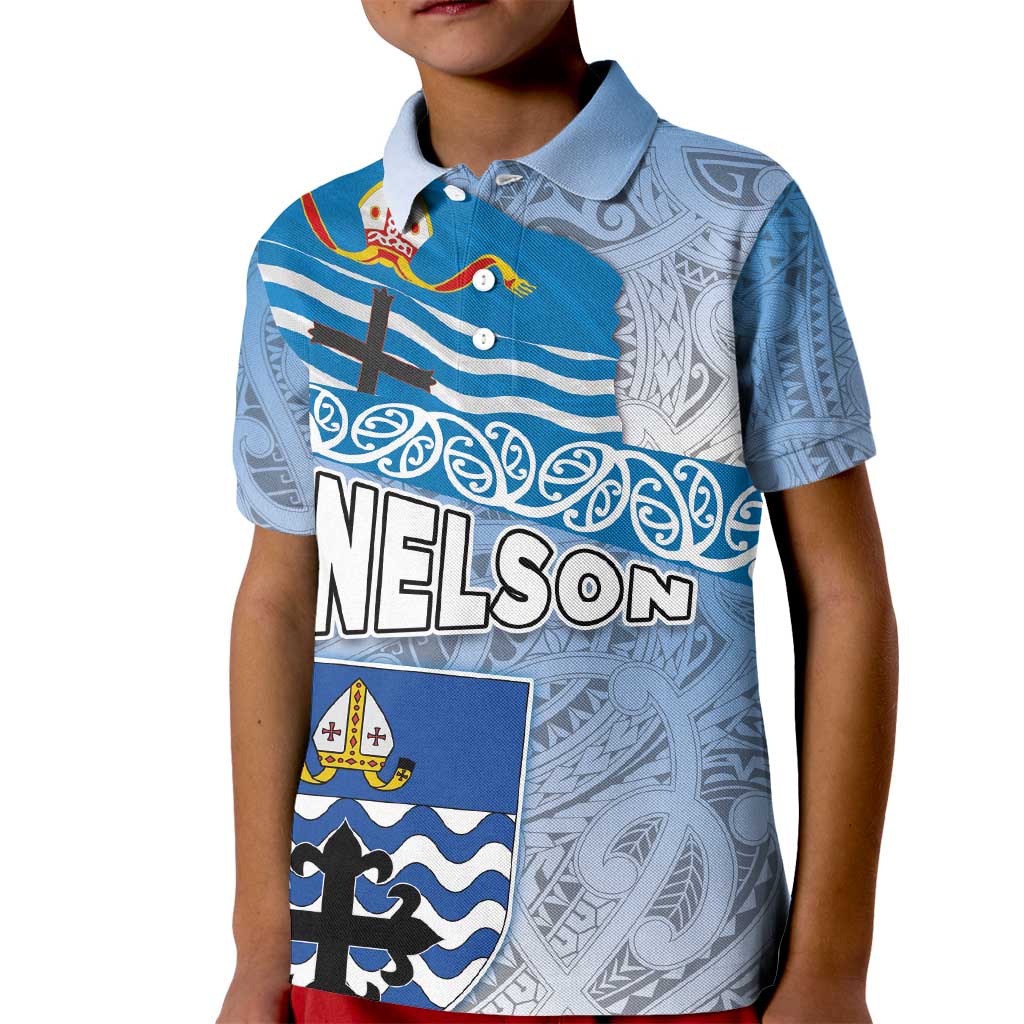 New Zealand Nelson Kid Polo Shirt Nelson's Flag and Seal - Maori Art Tattoo - Vibe Hoodie Shop