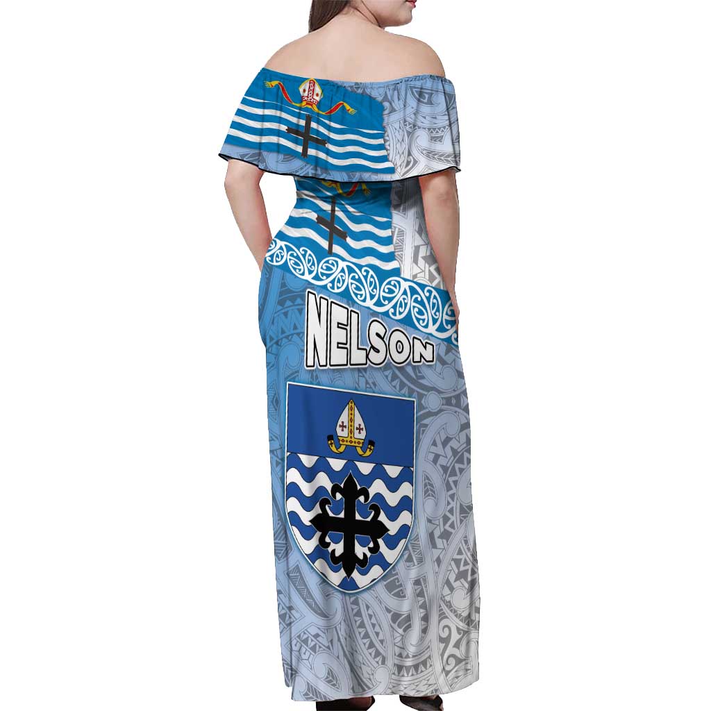 New Zealand Nelson Off Shoulder Maxi Dress Nelson's Flag and Seal - Maori Art Tattoo