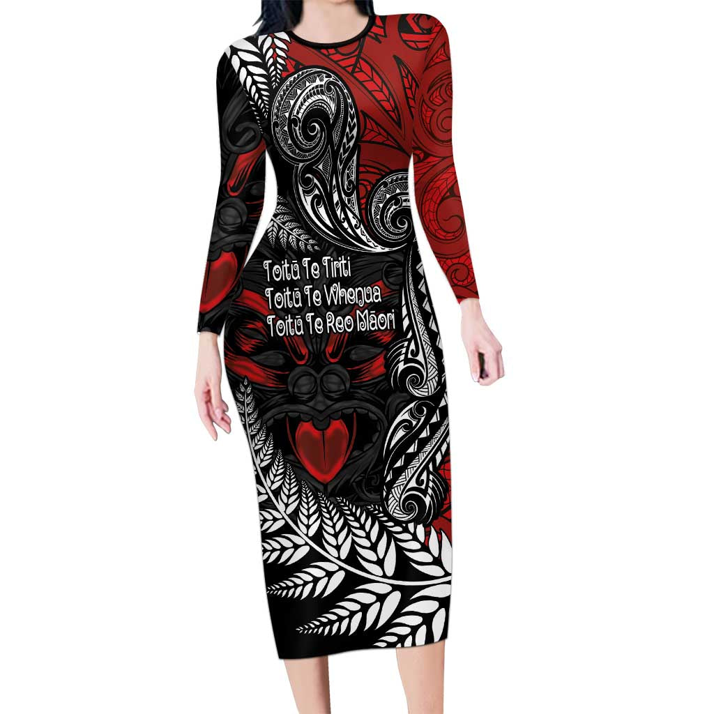 Aotearoa Toitu Te Tiriti Long Sleeve Bodycon Dress New Zealand Honour the Treaty - Te Tiriti Is Us