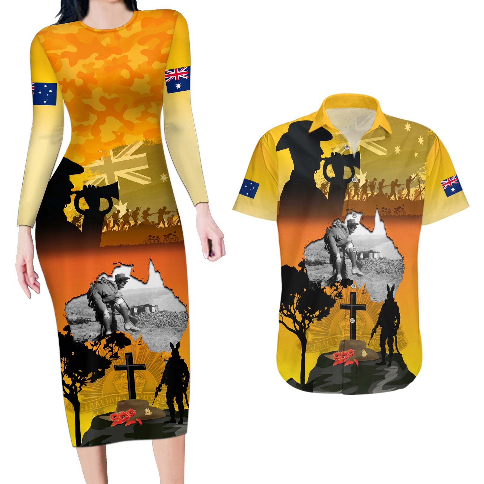 Australia ANZAC Day Couples Matching Long Sleeve Bodycon Dress and Hawaiian Shirt Gallipoli Lest We Forget