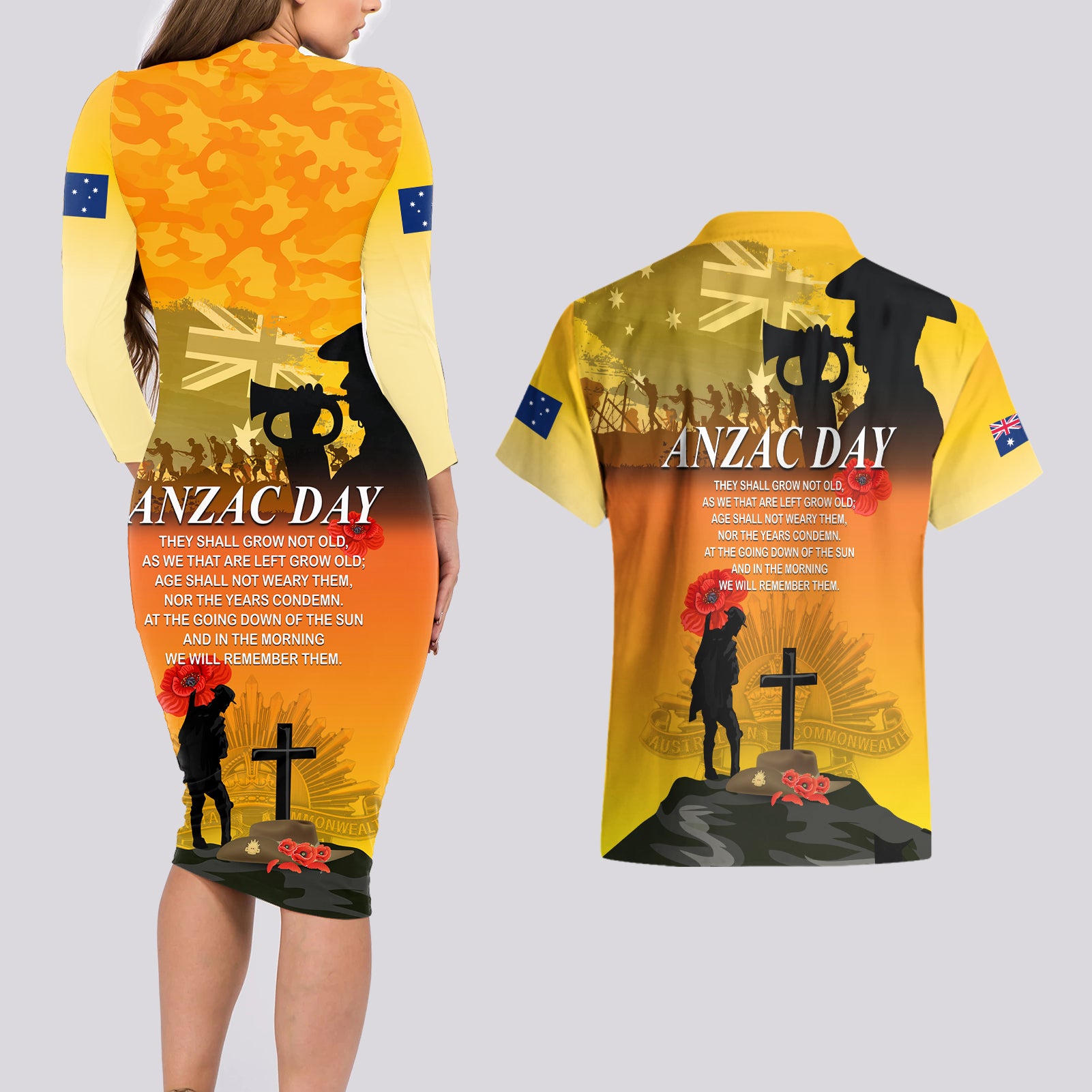Australia ANZAC Day Couples Matching Long Sleeve Bodycon Dress and Hawaiian Shirt Gallipoli Lest We Forget