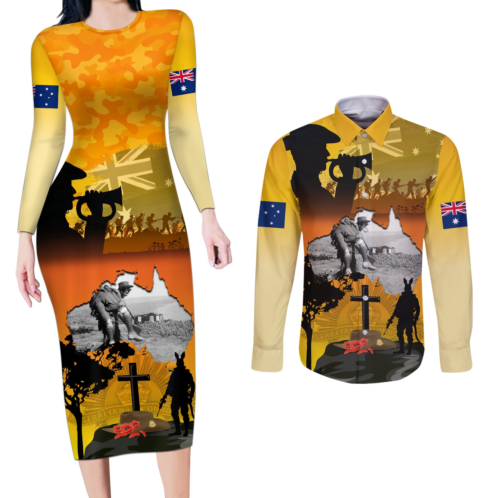 Australia ANZAC Day Couples Matching Long Sleeve Bodycon Dress and Long Sleeve Button Shirt Gallipoli Lest We Forget