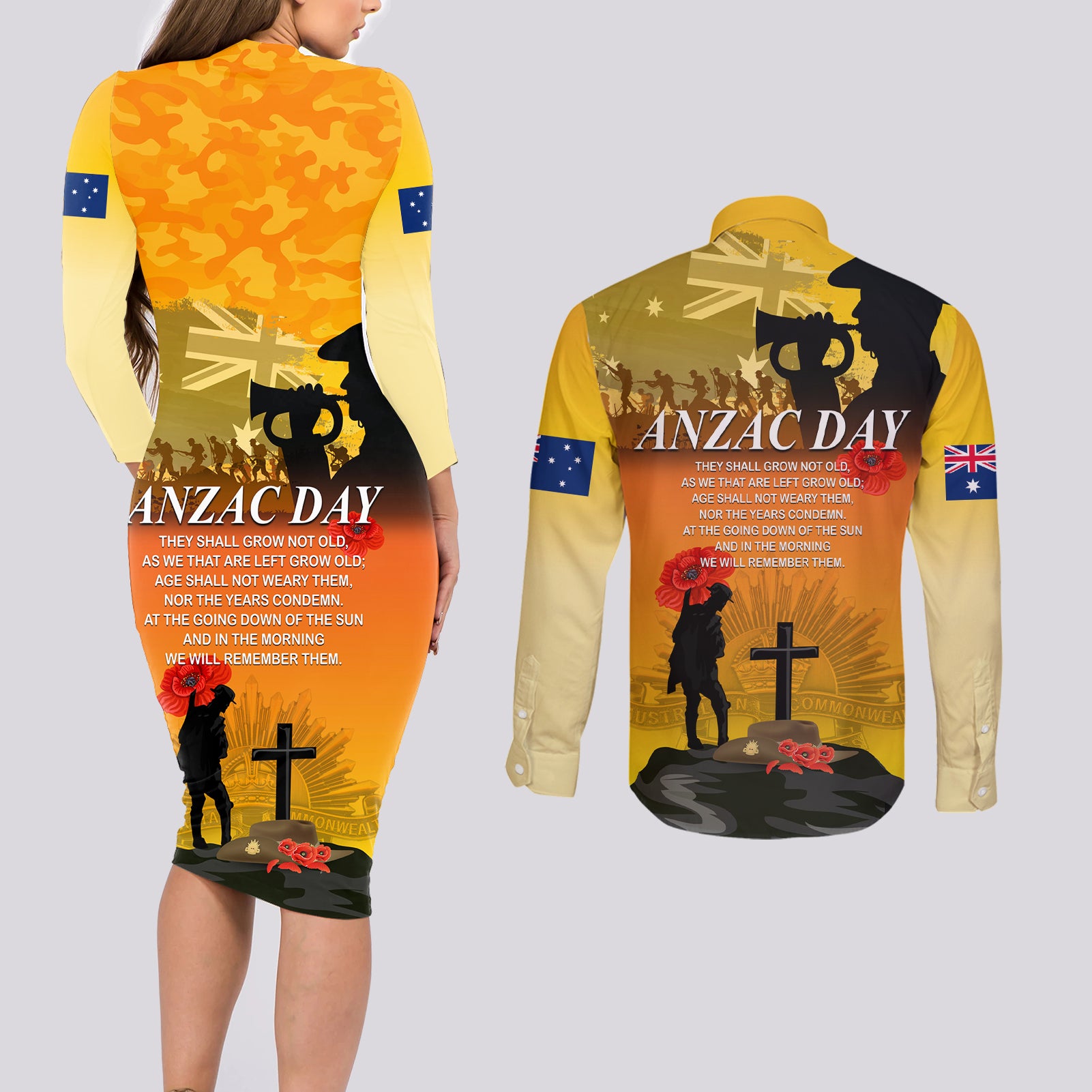 Australia ANZAC Day Couples Matching Long Sleeve Bodycon Dress and Long Sleeve Button Shirt Gallipoli Lest We Forget