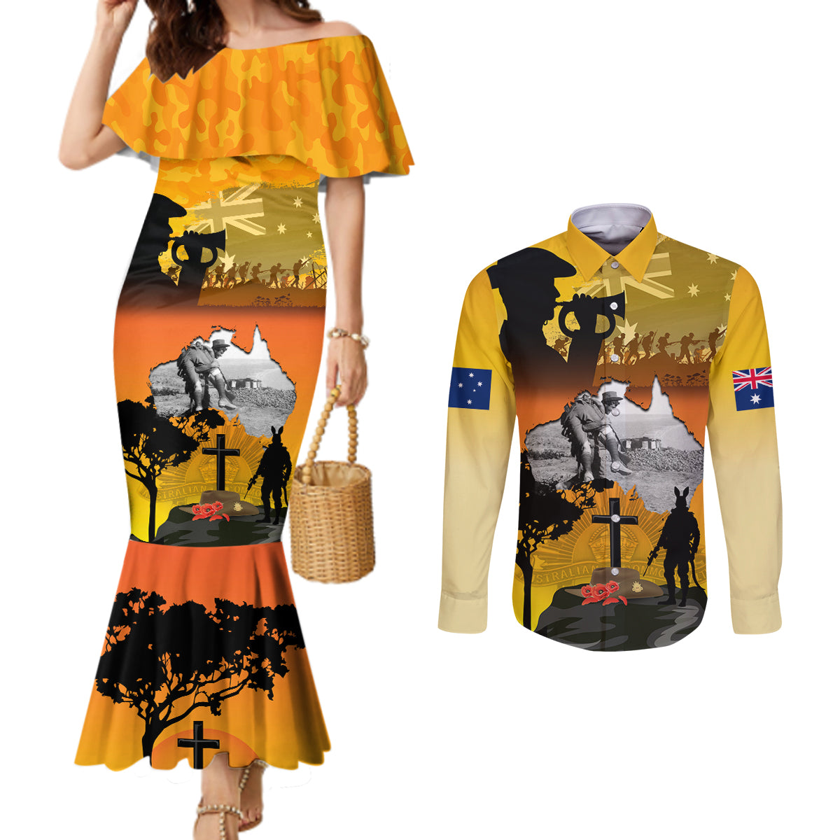 Australia ANZAC Day Couples Matching Mermaid Dress and Long Sleeve Button Shirt Gallipoli Lest We Forget