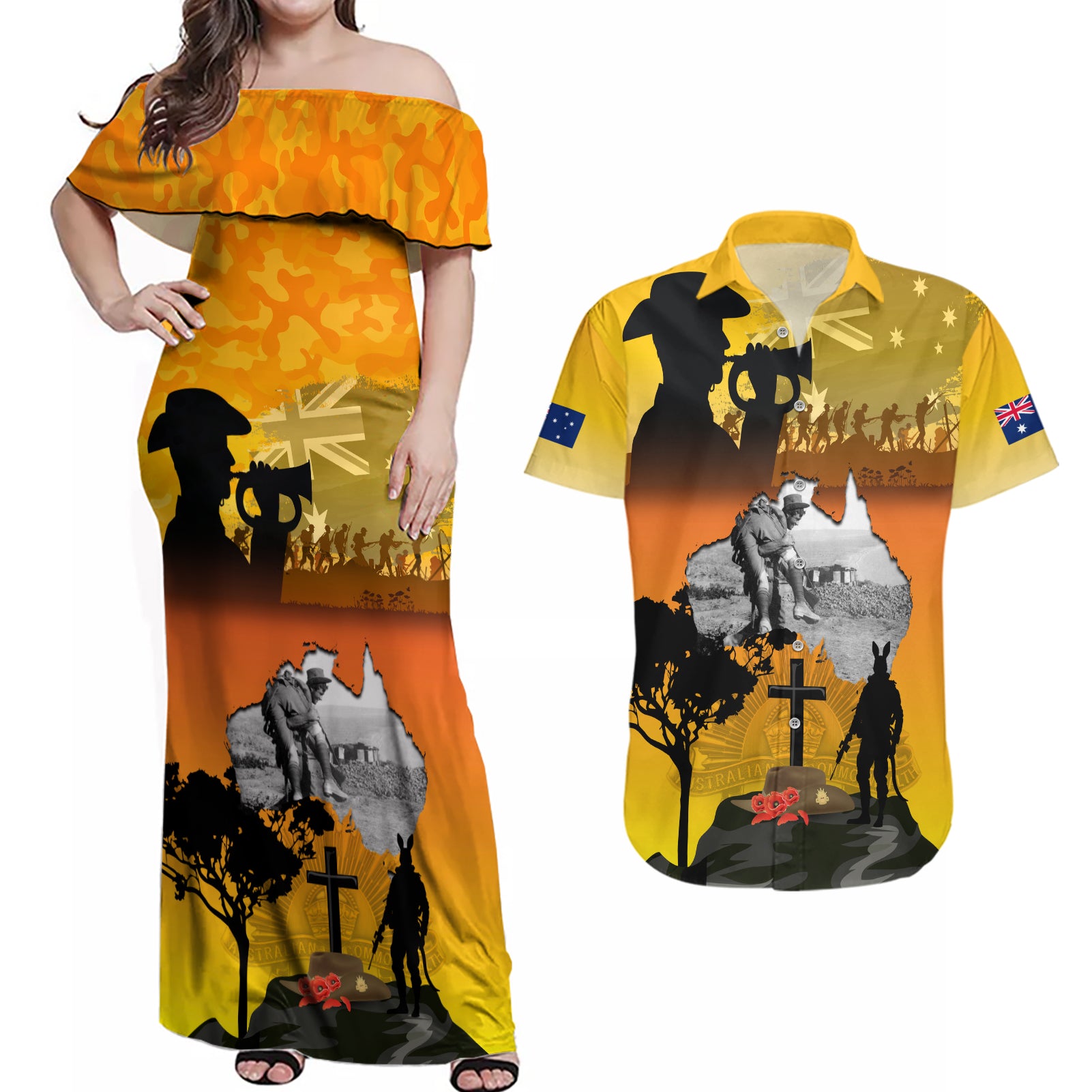 Australia ANZAC Day Couples Matching Off Shoulder Maxi Dress and Hawaiian Shirt Gallipoli Lest We Forget