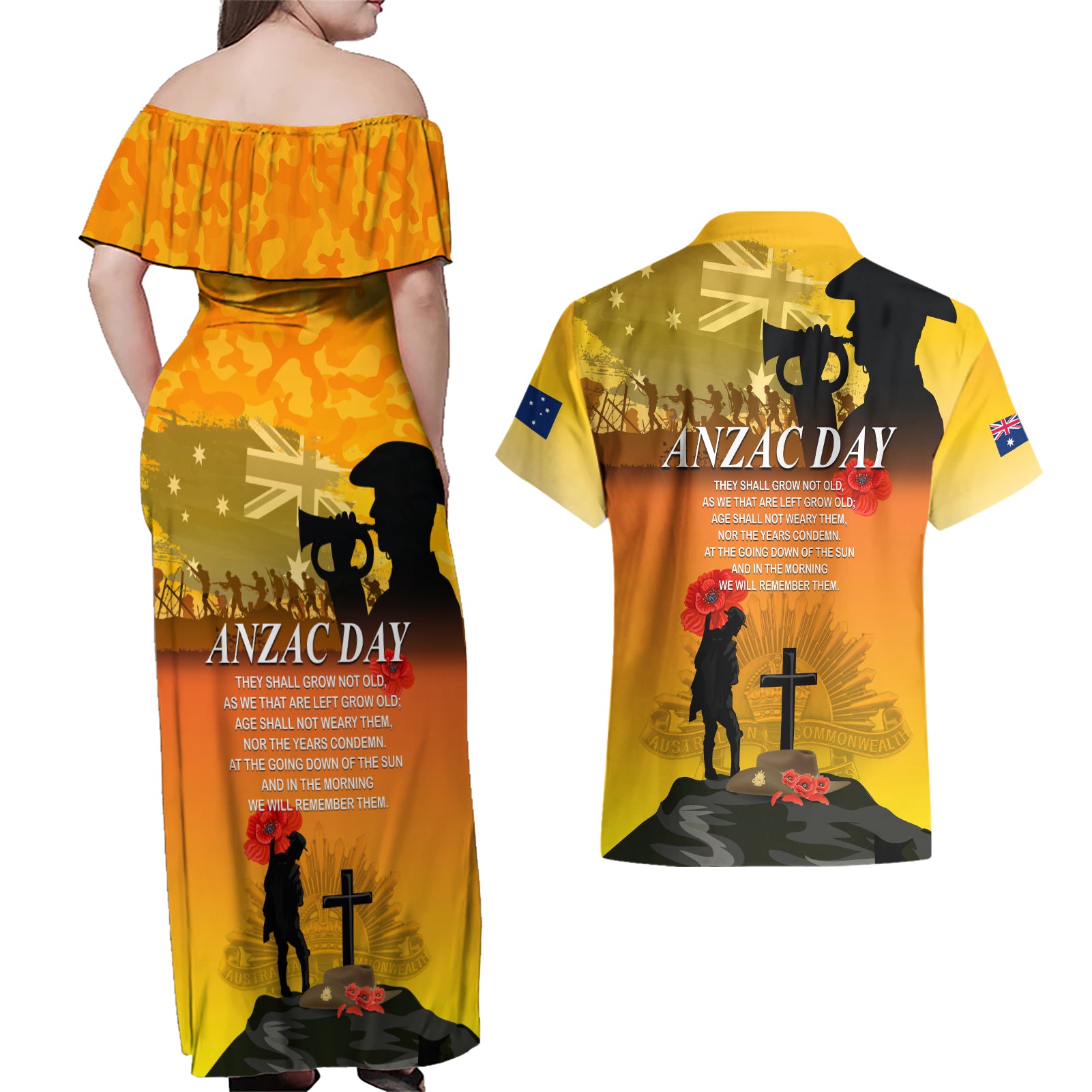 Australia ANZAC Day Couples Matching Off Shoulder Maxi Dress and Hawaiian Shirt Gallipoli Lest We Forget