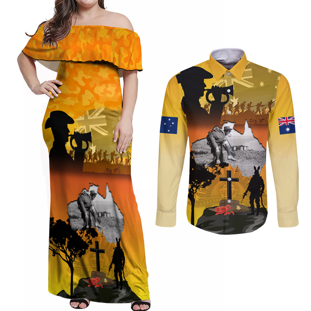 Australia ANZAC Day Couples Matching Off Shoulder Maxi Dress and Long Sleeve Button Shirt Gallipoli Lest We Forget