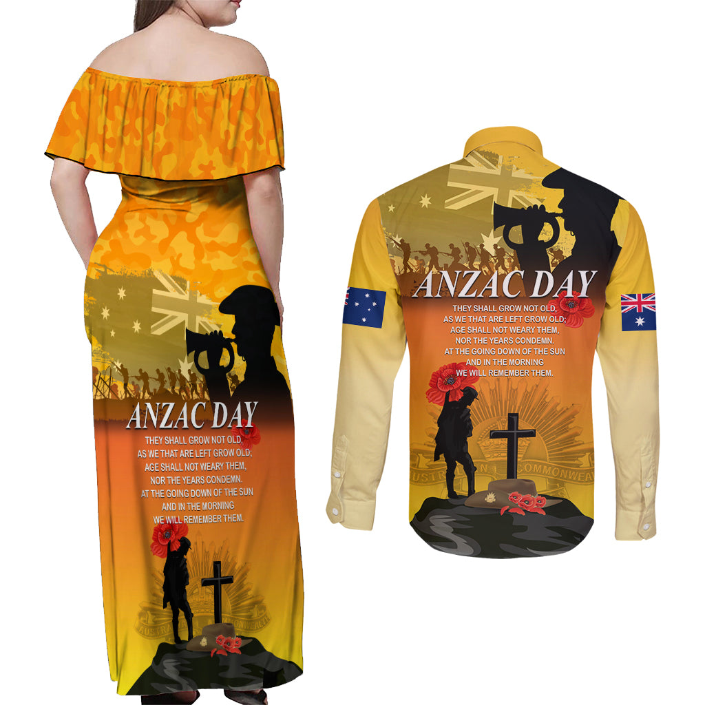 Australia ANZAC Day Couples Matching Off Shoulder Maxi Dress and Long Sleeve Button Shirt Gallipoli Lest We Forget