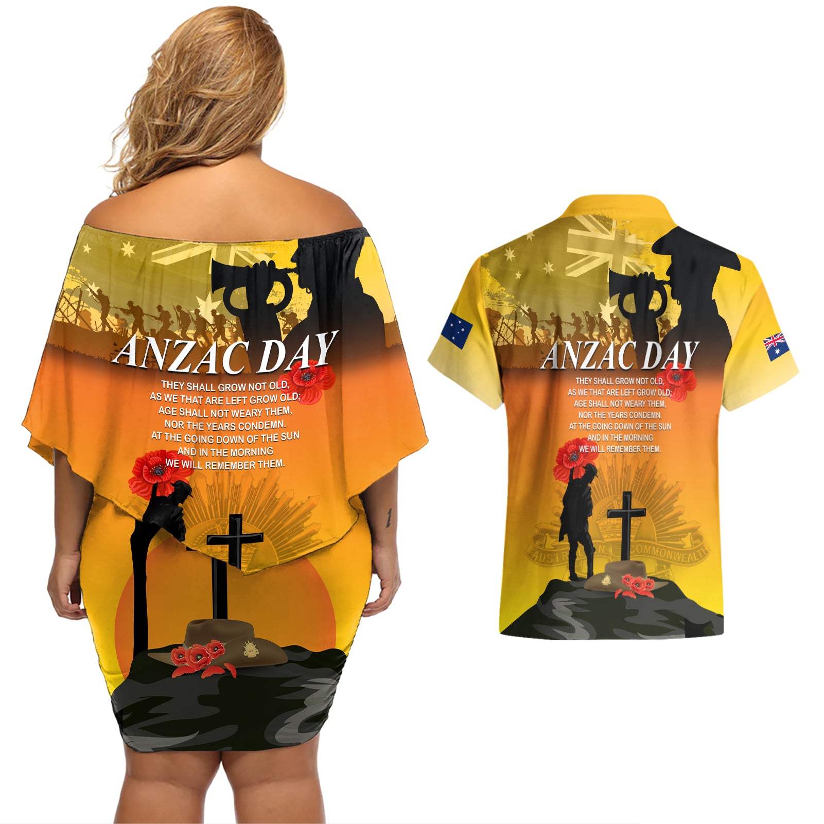 Australia ANZAC Day Couples Matching Off Shoulder Short Dress and Hawaiian Shirt Gallipoli Lest We Forget