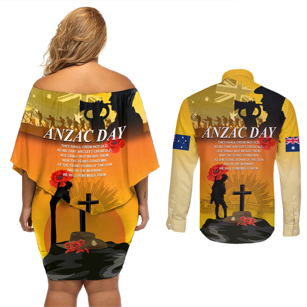 Australia ANZAC Day Couples Matching Off Shoulder Short Dress and Long Sleeve Button Shirt Gallipoli Lest We Forget