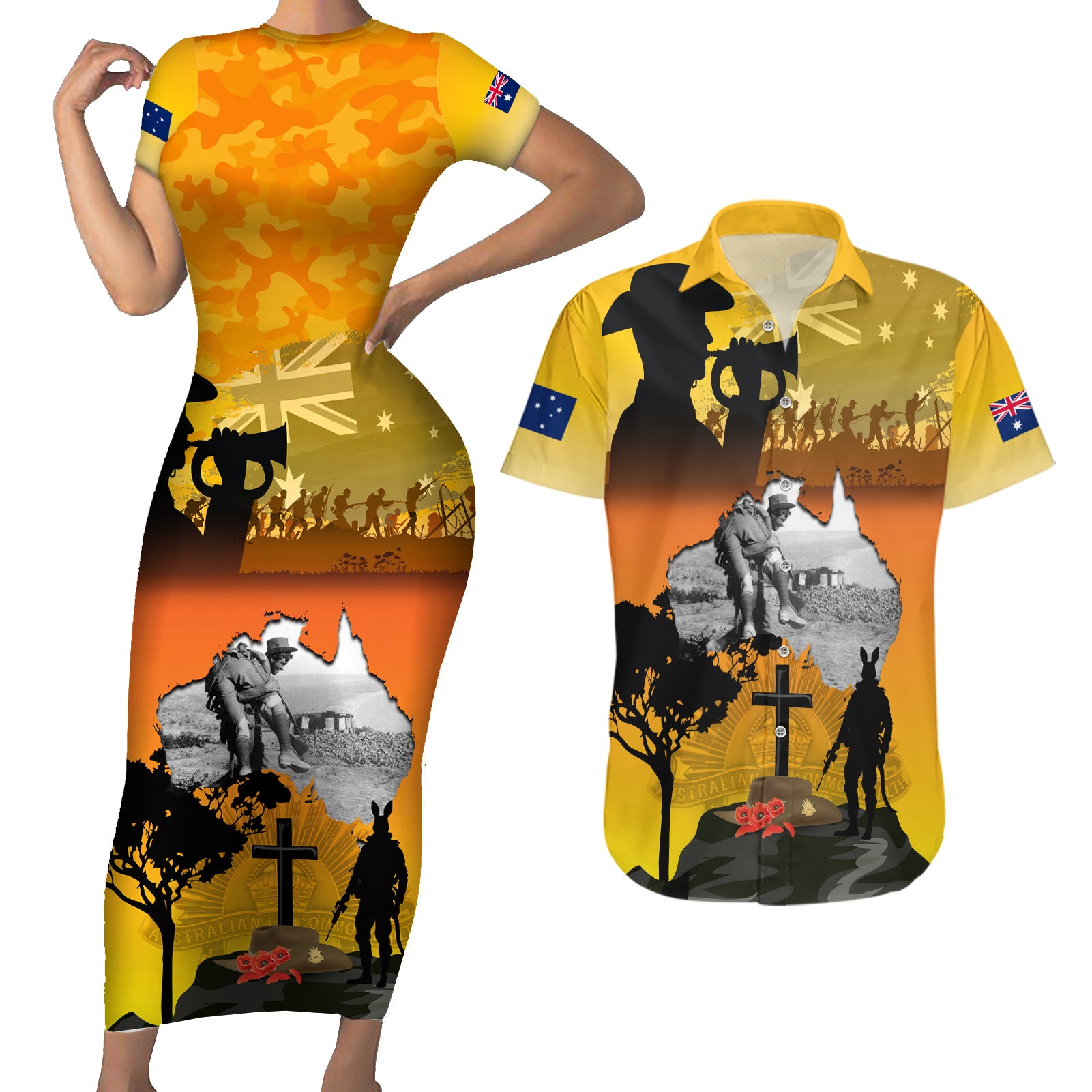 Australia ANZAC Day Couples Matching Short Sleeve Bodycon Dress and Hawaiian Shirt Gallipoli Lest We Forget