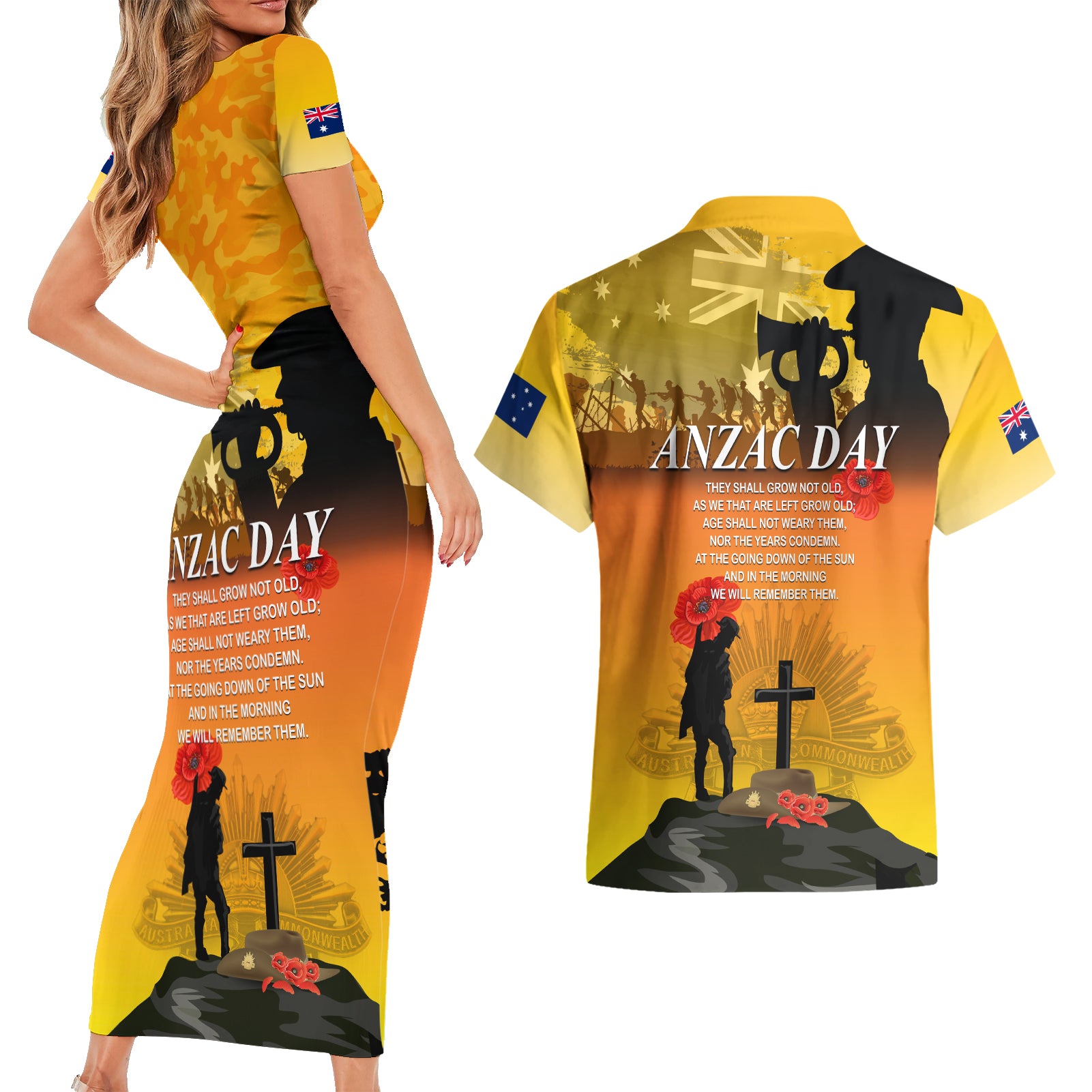 Australia ANZAC Day Couples Matching Short Sleeve Bodycon Dress and Hawaiian Shirt Gallipoli Lest We Forget