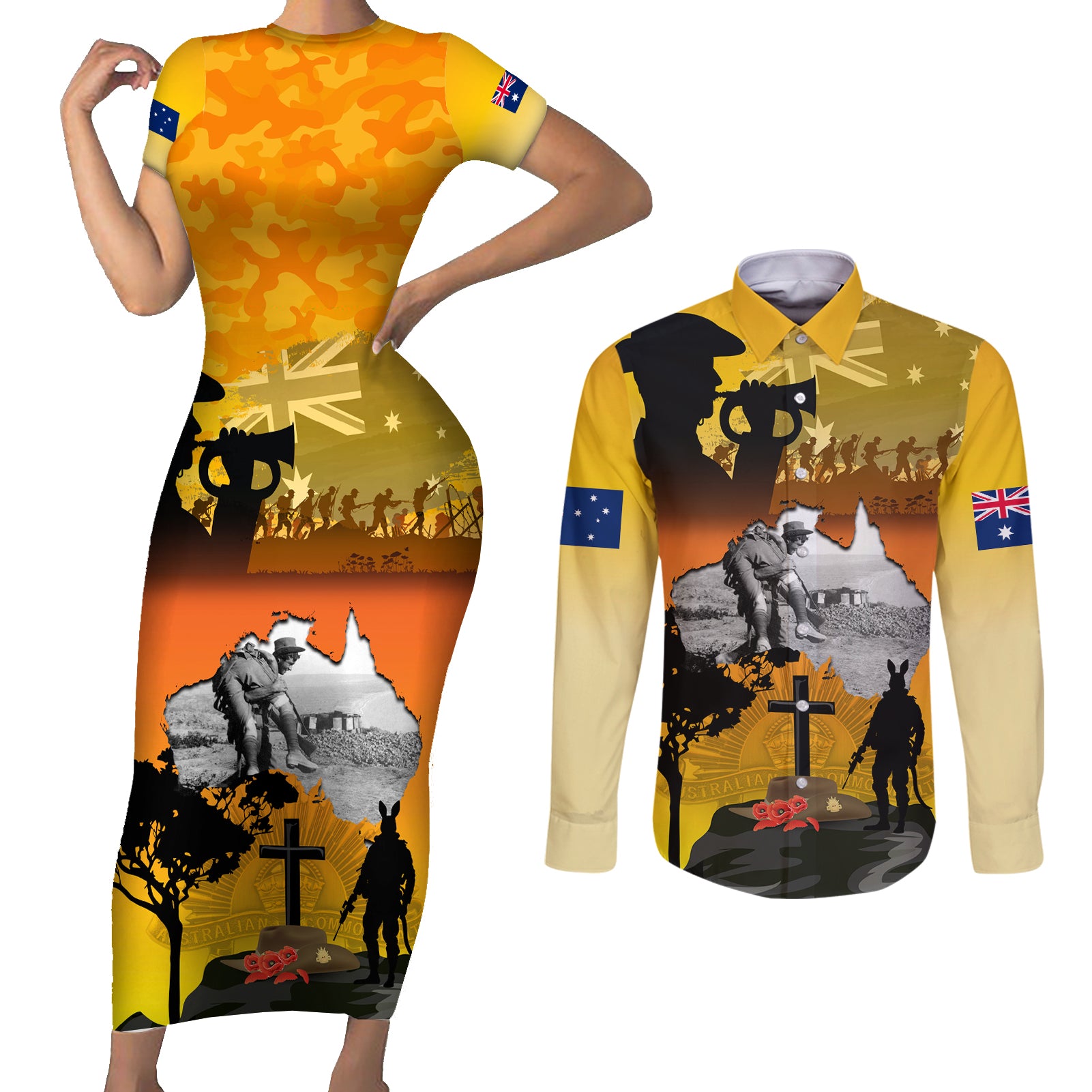 Australia ANZAC Day Couples Matching Short Sleeve Bodycon Dress and Long Sleeve Button Shirt Gallipoli Lest We Forget