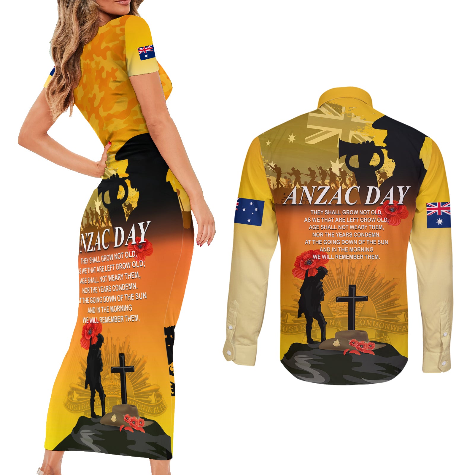 Australia ANZAC Day Couples Matching Short Sleeve Bodycon Dress and Long Sleeve Button Shirt Gallipoli Lest We Forget